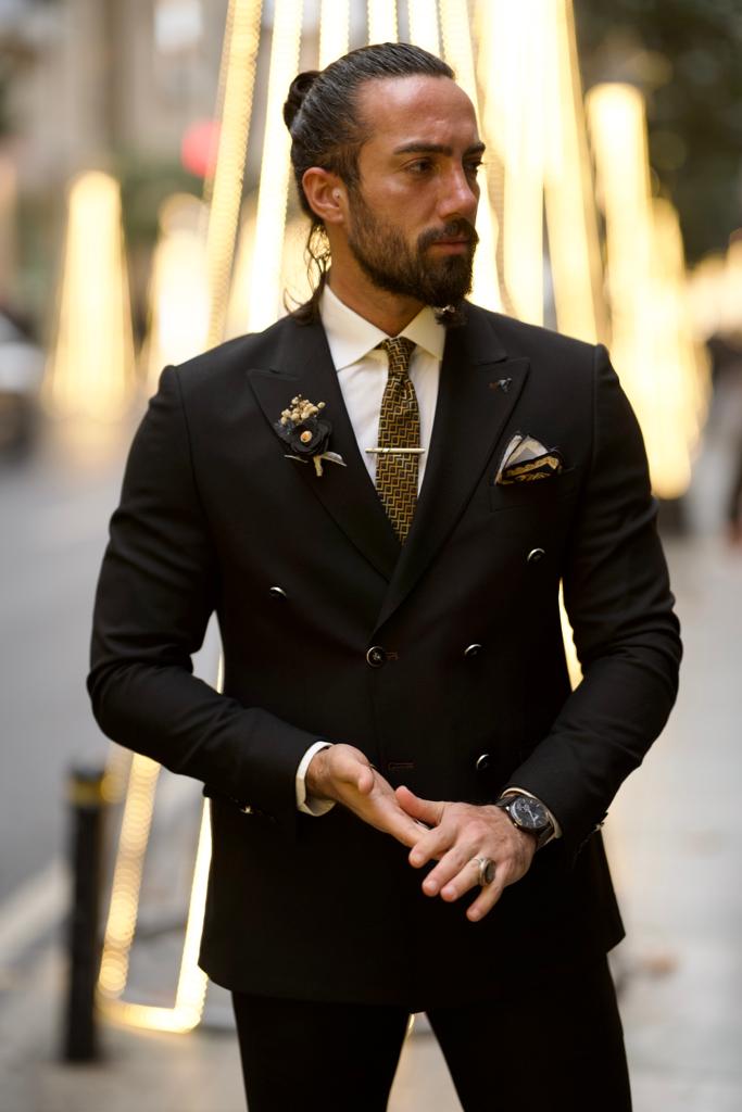 Black Double-Breasted Detailed Suit - Main Image